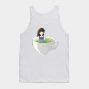 Cute Kawaii Anime Girl Is Bathing In Green Tea Cup Tank Top